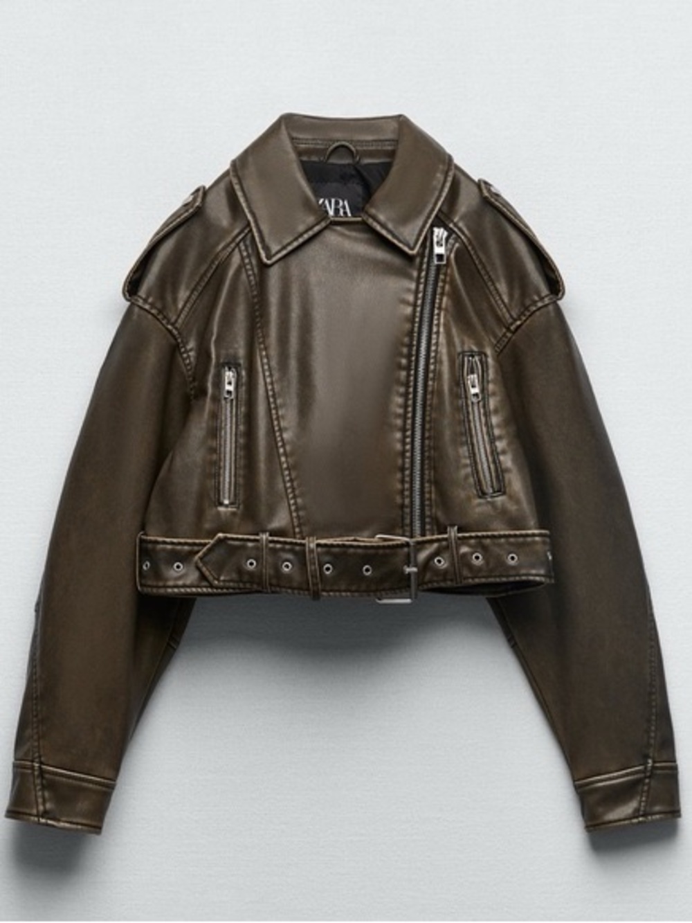 Zara Faux Leather Crop Biker Jacket in Brown / Olive Green - M